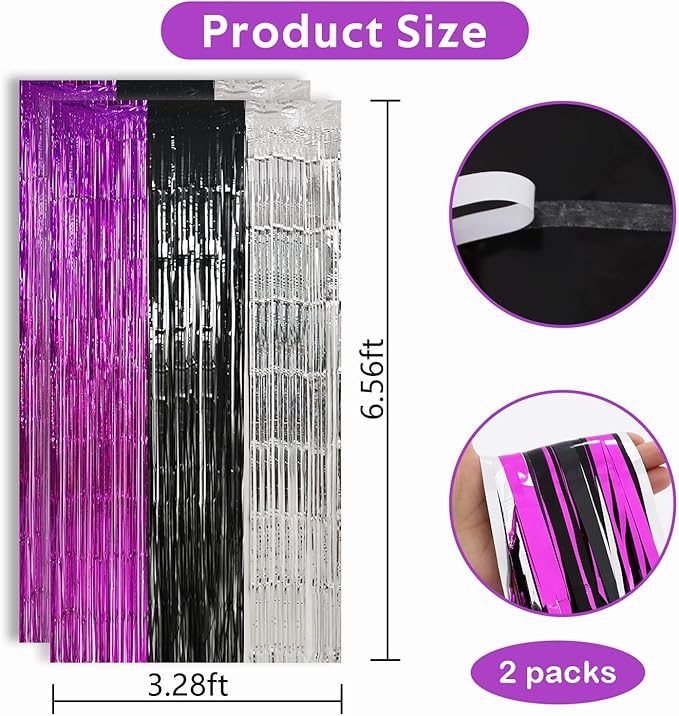 TONIFUL Black Silver Hot Pink Door Streamers,Black and Pink Photo Booth Backdrop Metallic Streamers Foil Fringe Curtain for Birthday,New Year,Graduation,Grad,Baby Shower Party Streamers Decoration