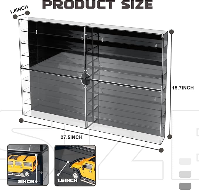 1/64 Scale Model Cars Display Case Wall-Mounted Diecast Toy Car Display Case Storage, Cabinet Lockable for 64 Mini Toys and Hot Wheels（Black, 27.5 X 15.7 X 1.8 inches）