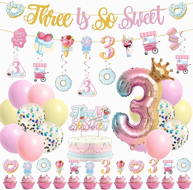 3rd Happy Birthday Decorations for Girls- third pink birthday decorations, ice cream birthday party decor With Donut Banner Sweet Cake Topper 3rd Foil Balloon For Three Donut Themed Party