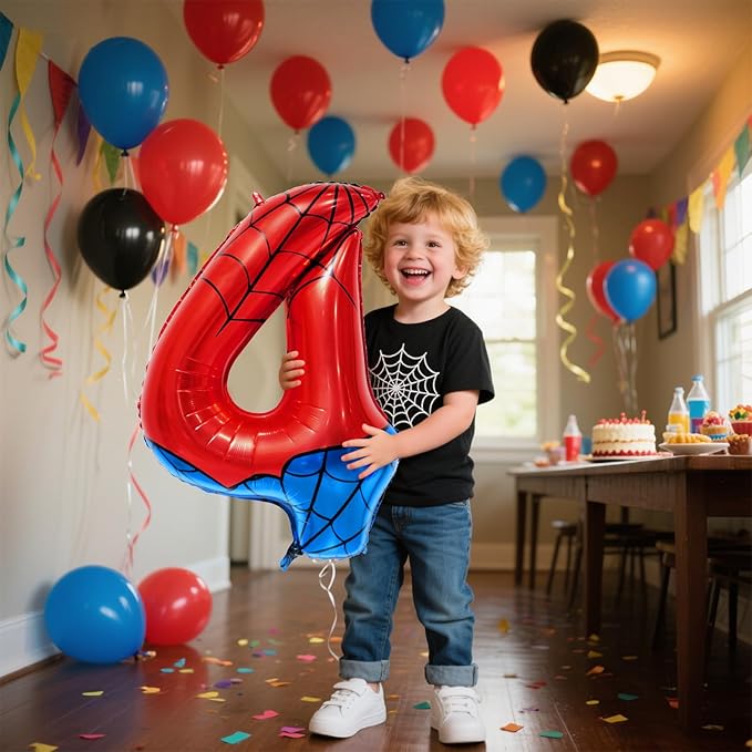 Spider Web Number 4 Balloon Birthday Decoration, Superhero Themed 40in Giant Mylar Number Party Supplies