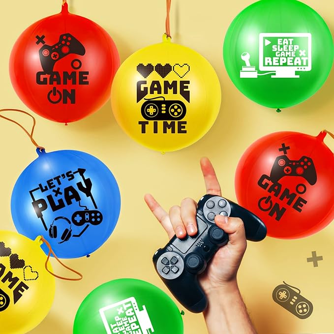32 Pcs Video Game Punch Balloons Pixelated Punch Ball Pixel Video Game Balloons Latex Balls Toys for Birthday Party Favors Supplies, Goodie Bag Filler(Blue, Red, Yellow, Green)
