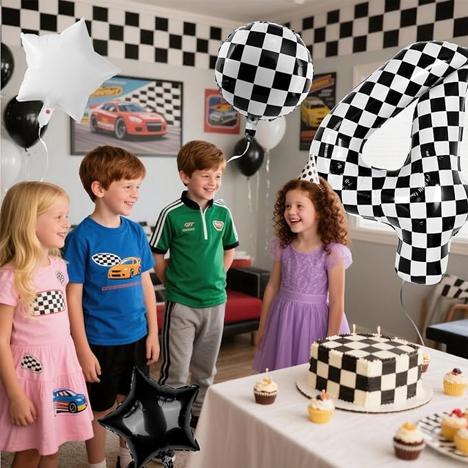 40 Inch Checkered Number Balloons 4 Black and White Foil Balloon for Girls & Boys Racing Car Theme Birthday Party Decorations, Party Supplies & Favors(Number 4)