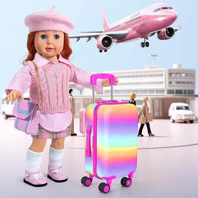 27 PCS American 18-inch-Doll-Clothes and Accessories-Travel-Suitcase Luggage,Clothes and Shoes, Bag, Sunglasses, Camera, Passport, Notebook, Phone, pad Travel Gear Play Set Fit(No Doll)