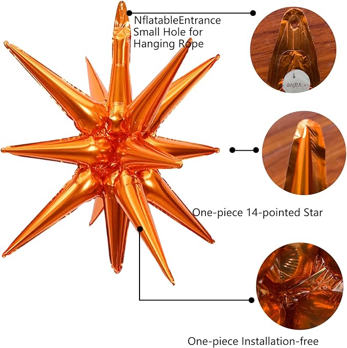 6 Pcs Orange Star Foil Balloons One-Piece 14-Pointed Star Balloon 4D Cone Mylar 22inch Christmas Birthday Wedding Fireworks Shape Party Supplies (Orange)