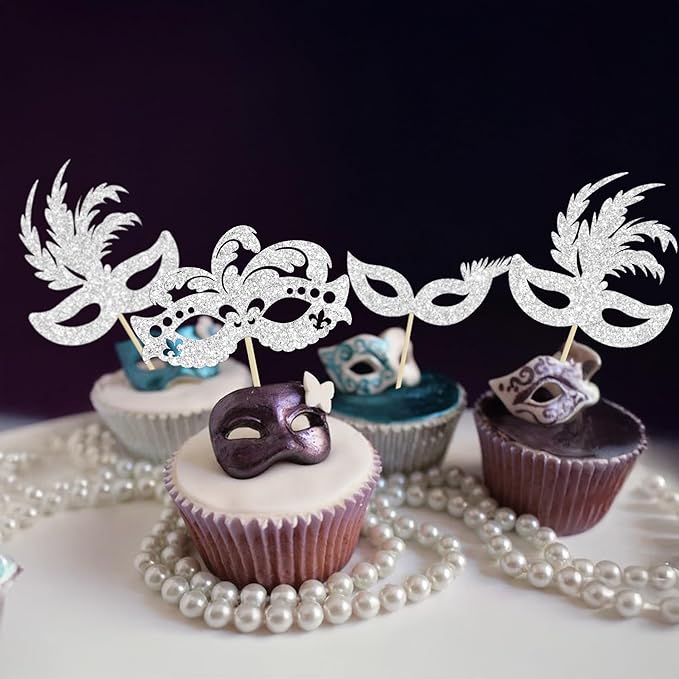 Gyufise 24Pcs Masquerade Masks Cupcake Toppers Silver Glitter Bachelorette Mask Cupcake Topper Mask Cake Picks Decorations for Masquerade Mardi Gras Party Baby Shower Birthday Party Supplies
