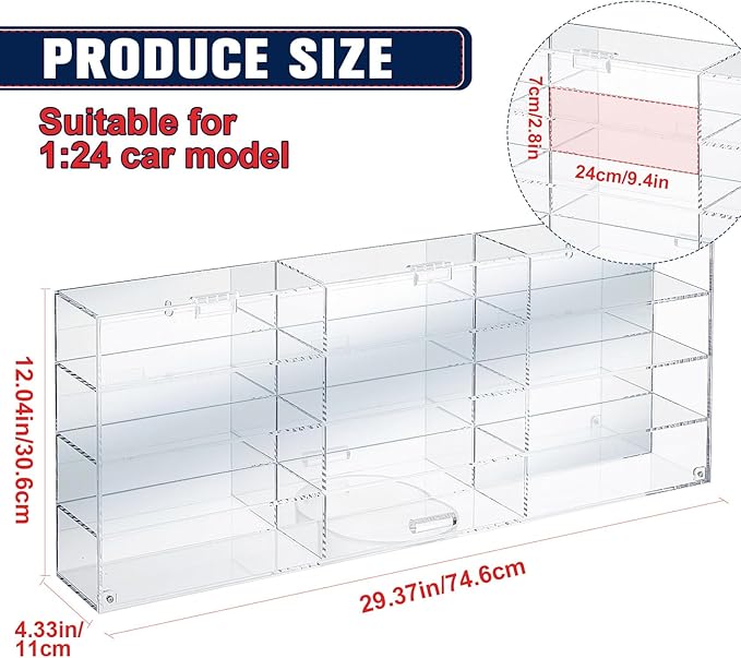 Juexica Clear Acrylic Toy Car Display Case 1: 24 Scale Diecast Display Box Wall Mounted Shelf for Storage Toy Car Mini Model Race(12 Grids)