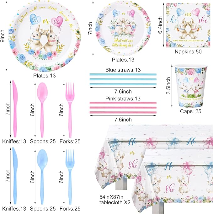 Yungyan 231 Pcs Easter Bunny Gender Reveal Party Supplies, Serve 25, Easter Baby Shower Tableware Paper Plates Tablecloth Cups Napkins Straws and Napkins for Birthday Tableware Table Party Favors