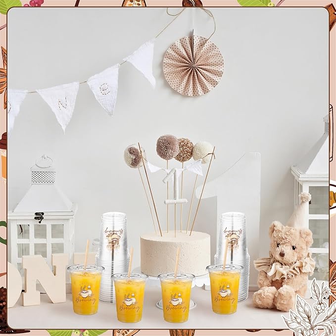 50 Pcs A Baby Is Brewing Plastic Cups Coffee Theme Tumblers Bulk Brown Brewing Baby Shower Party Decorations Disposable Cups for Coffee Theme Gender Reveal Party Supplies