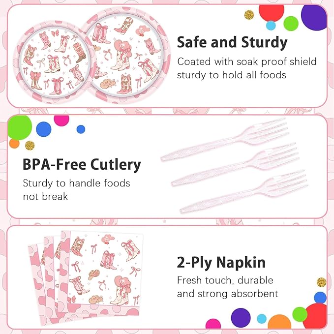 96 Pcs Cowgirl Party Supplies, Western Cowgirl Birthday Party Decorations Plates Set Includes Plate, Napkin, Forks, for Girl Birthday Decorations Baby Shower- Serve 24