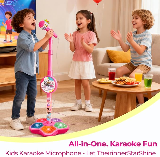 Kids Microphone with Stand - 2026 New Karaoke Machine for Budding Singers, Built-in Music & Echo, 6 Colorful Lights, Adjustable Stand for Girls Boys Birthday Gift (Pink)