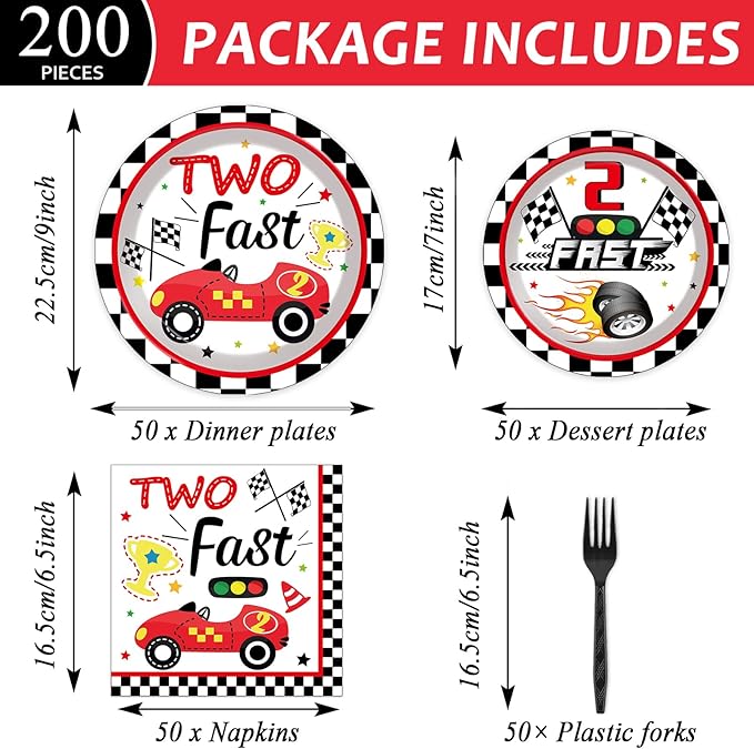 50 Guests Two Fast Birthday Plates and Napkins Party Supplies Racing Car Party Decorations Disposable Tableware Set Race Car Dinnerware Favors,200PCS