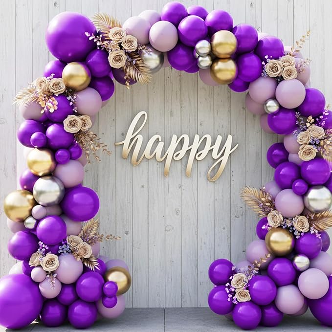 RUBFAC Dark Purple Balloons 129pcs Different Sizes Pack of 18 12 10 5 Inch, Latex Royal Purple Balloon Garland Arch Kit for Wedding Masquerade Birthday Party Decorations