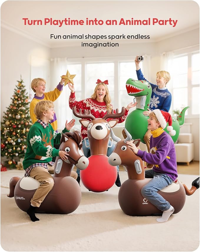 QPAU Inflatable Bouncy Dinosaur Toys 2 PCS with Hand Pump, Heavy Duty Giant Bouncy Pal, 220lbs Load Capacity, Ride On Bouncy Animal Hopper Toy, Indoor Outdoor Bouncers for Kids Girls Boys Ages 5+
