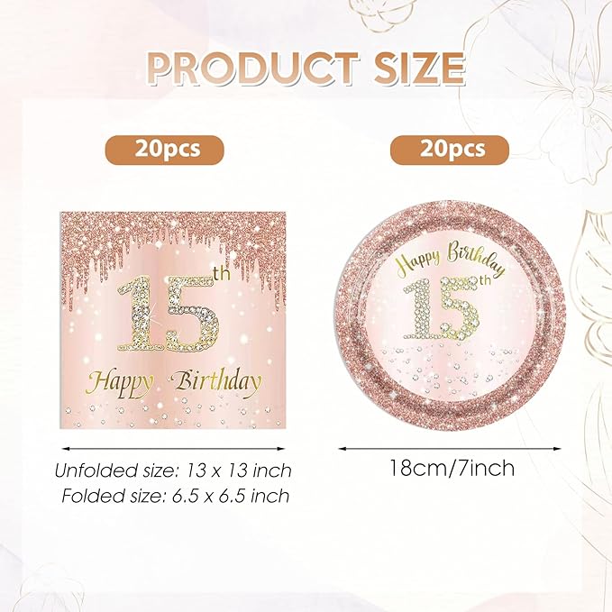 15th Birthday Decorations for Girls,15th Birthday Plates and Napkins,Rose Gold 15 Year Old Birthday Tableware 15 Party Table Decorations Supplies,Disposable 7'' Paper Plates, Napkins for Teen Party
