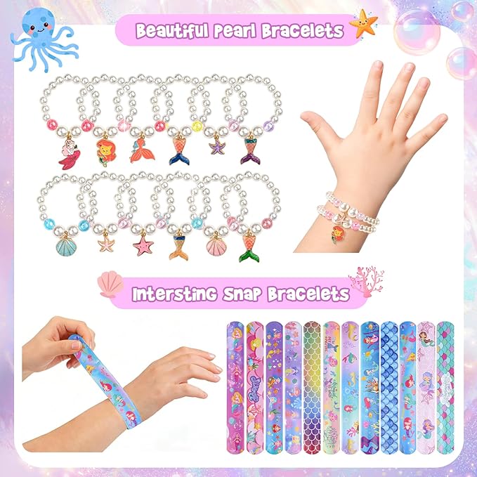 Party Favors for Kids: Mermaid Theme Goodie Bags Stuffers Birthday Party Supplies, Bracelets, Necklaces, Stampers, Notepads, Stickers, Gel Pens, Gift Bags Serves 12 Girls Birthday Party Decorations