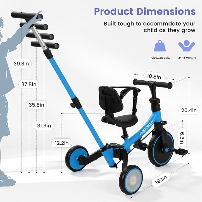 5-in-1 Tricycle for Toddlers 1-3, Convertible Toddler Bike with Push Handle & Removable Pedals, Balance Bike with Colorful Lighting Wheels, Adjustable Seat Height with Backrest(Blue)