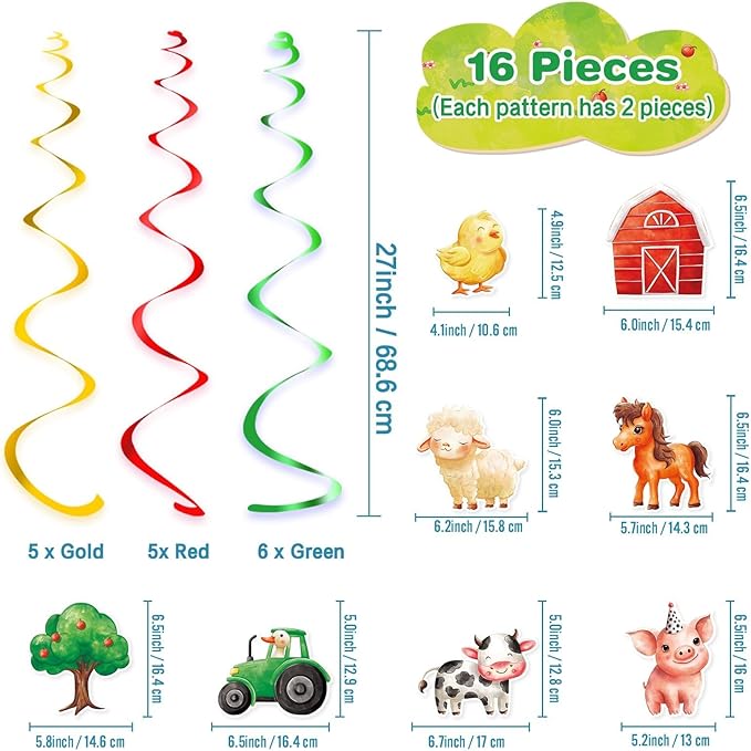 WERNNSAI Farm Animal Hanging Swirl Decorations - 16PC Farm Hanging Foil Swirls Ceiling Supplies Barnyard Party Hanging Streamers for Kids Farmhouse Theme Party Baby Shower