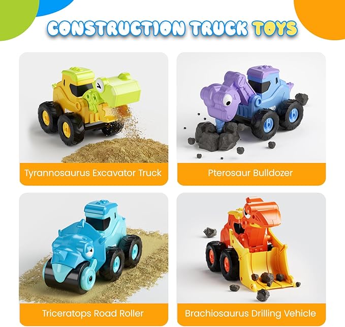 Construction Toys for 2 3 4 5 Year Old Boy Kids Toddlers, Press and Go Dino Truck Construction Vehicle Toys Sandbox Excavator Toys Boy Birthday Gifts