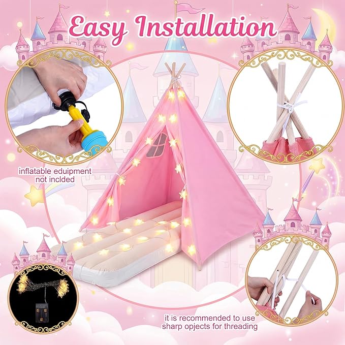 6 Set Sleepovers Teepee Tents Spa Party Robes Supplies Bulk with Inflatable Airbed and Light String, Party Supplies for Birthday Movie Spa Favors Gifts Indoor Outdoor(6 Pink)