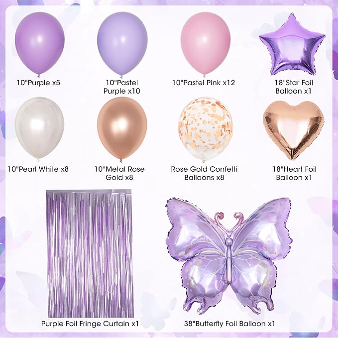 Purple Pink Birthday Party Decorations, Butterfly Confetti Rose Gold Lavender Balloons Happy Birthday Banner Fringe Curtains Hanging Swirls Circle Dots Tassels Pompoms for Women Girls Party Supplies