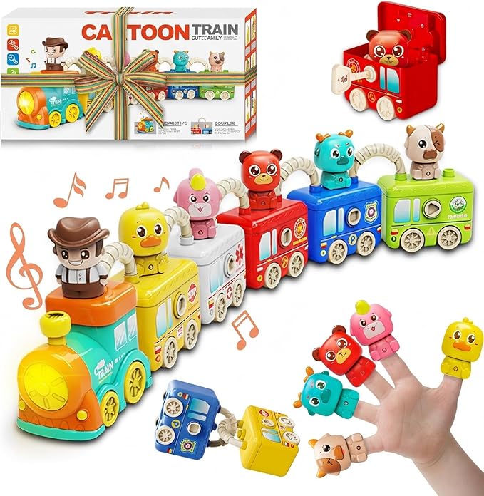 Montessori Train Toys for 2 3 4 Year Olds - Toddler Learning Train Set with Lights & Sounds, 6 Vehicle Transport, Lock & Key Activity, Farm Animal Finger Puppets, Easter Birthday Gift for Boys Girls