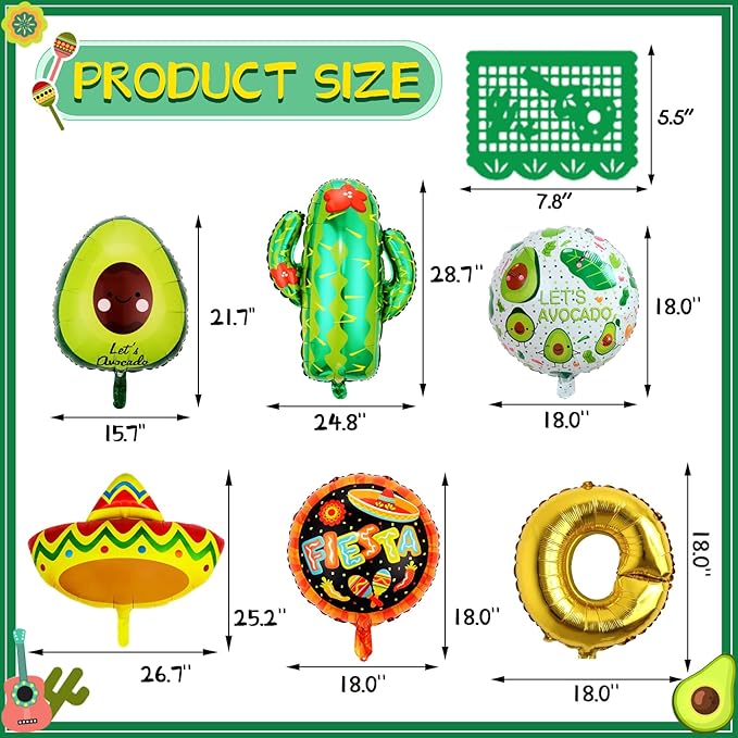 18 PCS Fiesta Party Supplies - Taco, Mexican, Cactus, Avocado, Hat Jumbo Mylar Foil Balloons - Cinco De Mayo Party Decorations