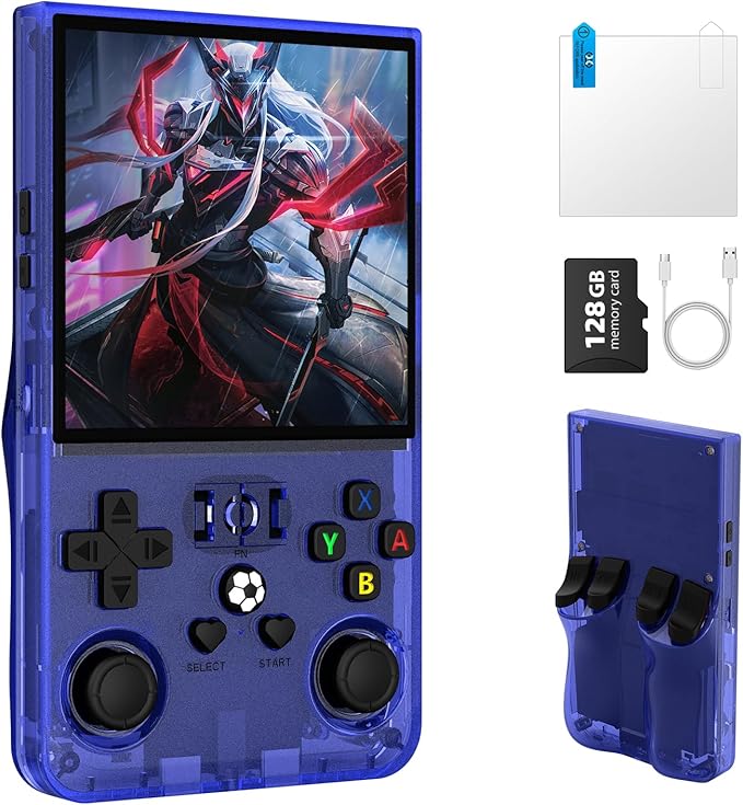 R36MAX Retro Handheld Gaming Console, Built-in 22,000+ Classic Games, Open Source Linux System, Portable Game Emulator Console, 4.0-Inch 4K HD IPS Screen Video Player, 4000mAh Battery (Blue 128GB)