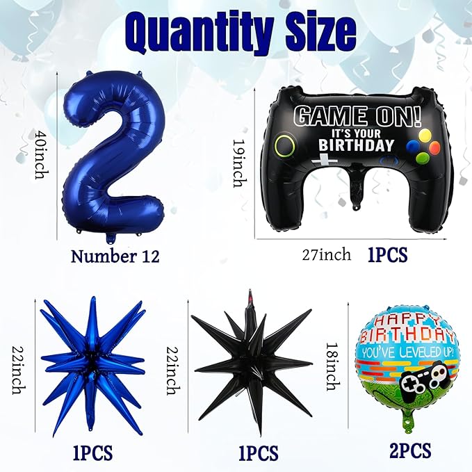 15pcs Video Game Themed Party Decorations, Number 12th Boys Birthday Party Supplies, Navy Blue Video Game Controller Mylar Foil Balloon, Video Game Party Decoration Supplies