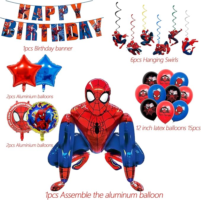 Cartoon spidey - themed birthday party supplies: "Happy Birthday" banner, 12inch latex balloons , 2 types of aluminium balloons hanging swirls,assemble the aluminum balloon