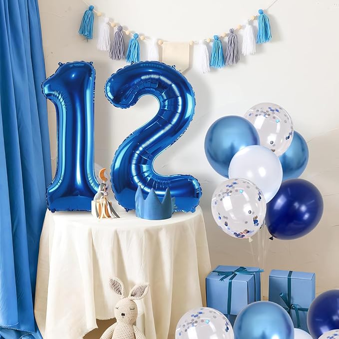 Navy Blue 12th Birthday Giant Self Inflating Number 12 Balloon, Metallic Dark Blue Silver Confetti Foil 40 Inch Helium Balloon for Boys Birthday Party Women Anniversary Decor