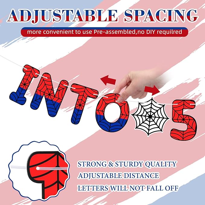 TaoBary Spider Theme 5th Birthday Banner, Pre-strung Swinging into 5 Banner, Spider 5th Birthday Decorations Party Supplies for Kids, Fifth Decor for 5 Years Old Boys Girls(Multicolor)