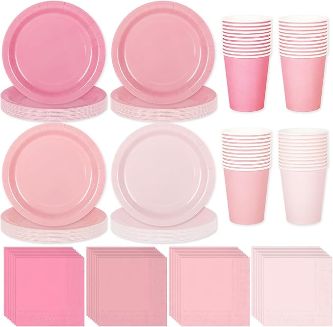 Whaline 244Pcs Pink Tableware Set Serves 48 Gradient Pink Disposable Dinnerware 48 9" Plates 48 7" Plate 48 9oz Cups 100 Napkins for Wedding Birthday Party Supplies