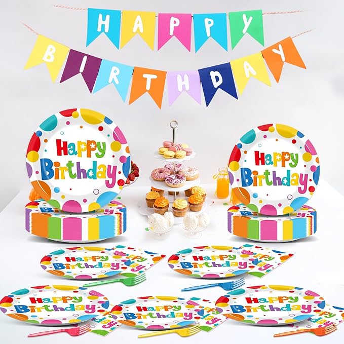 200Pcs Birthday Party Decorations Rainbow Birthday Plates Tableware Set Colorful Birthday Disposable Paper Plates Fork And Napkins Birthday Party Supplies Includes For Girls/Boys, Serves 50