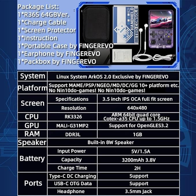 R36S Retro Handheld Gaming Console, 3.5 Inch IPS Screen, 22000+ Games Pre-Loaded, 64GB Storage, 26 Emulators, 3500mAh Battery, Linux System (Purple Transparent, 64 GB)