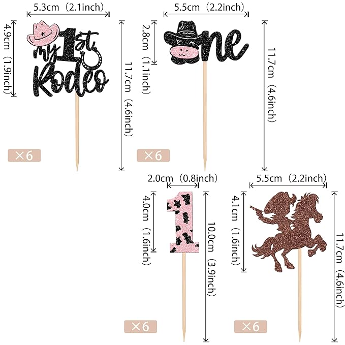 24 PCS Cowboy Cupcake Toppers - Glitter Hat, One My 1st Rodeo Cupcake Picks, First Birthday Cow One Cake Decorations for Western Theme Baby Shower, Kids 1st Birthday Party Supplies - Pink