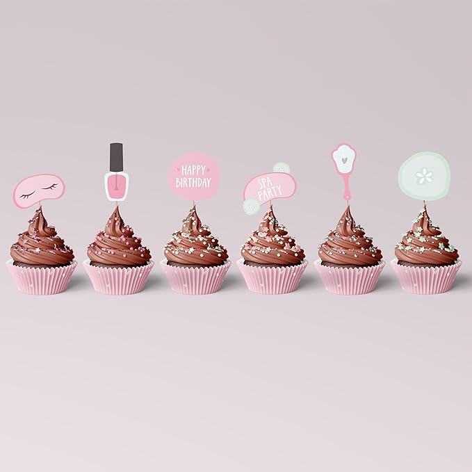 Spa Party Cupcake Toppers | Set of 24 | Spa Party Supplies for Girls - Cupcake Decorations & Cake Toppers for Girls Makeup or Slumber Birthday Celebration