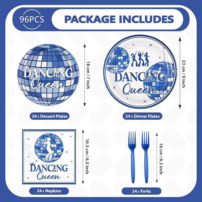 96Pcs Dancing Queen Party Decorations Mamma Mia Bachelorette Plates and Napkins Retro Disco Ball Decorations for Girls' Night Sing Birthday Bridal Shower Wedding Nostalgic Party Supplies Serves 24