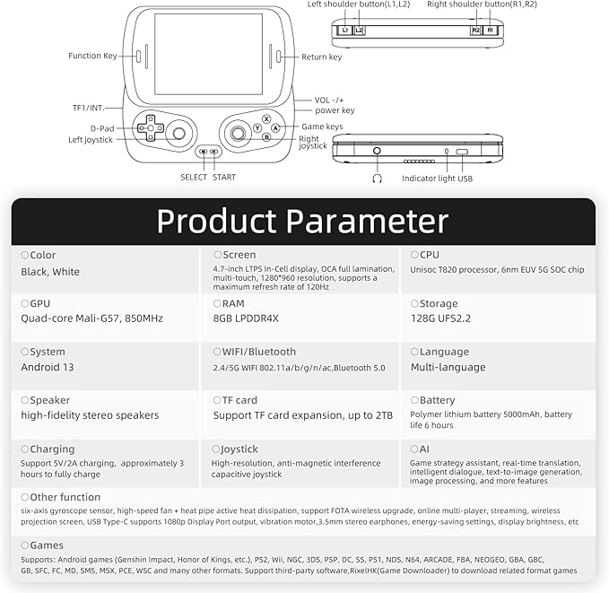 Anbernic RG Slide Retro Handheld Game Console , 4.7-inch LTPS in-Cell Screen Capacitive Joystick Android 13 System Support AI Assistant 5G WiFi Bluetooth 5.0 NO Game Card(Black)