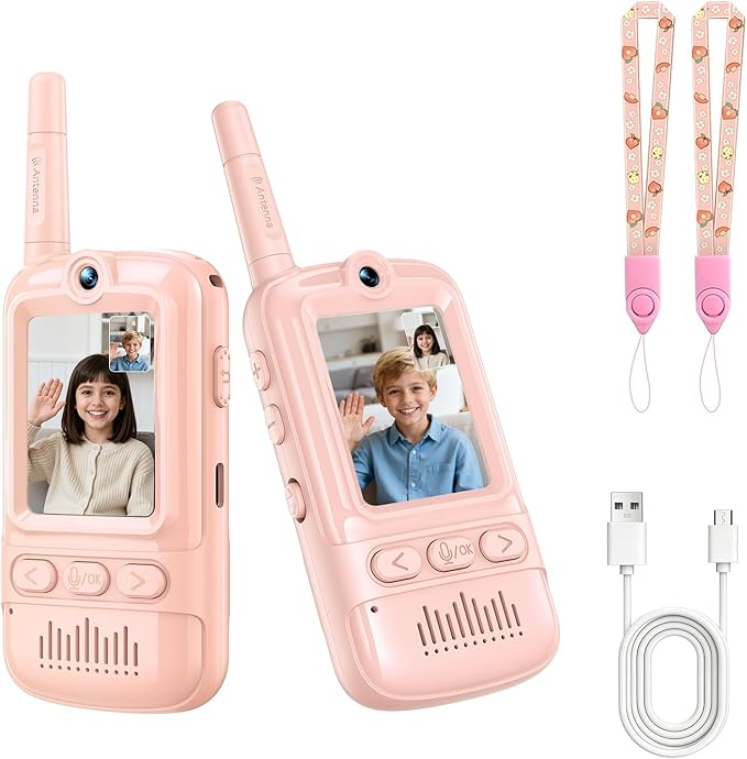 Video Walkie Talkies for Kids Rechargeable Walkie Talkies Long Range with Emoji Chat and Photo Functions Multifunctional Indoor Outdoor Toys for Kids Christmas Birthday Gifts (Pink)