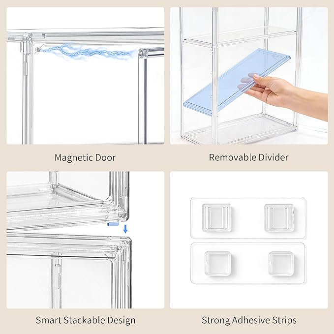 3 Tier Acrylic Display Case for Figures, Wall-Mounted Clear Storage Organizer Box with 2 Movale Plates & Magnetic Door, Display Cases for Collectibles Action Figure, 2 Pack