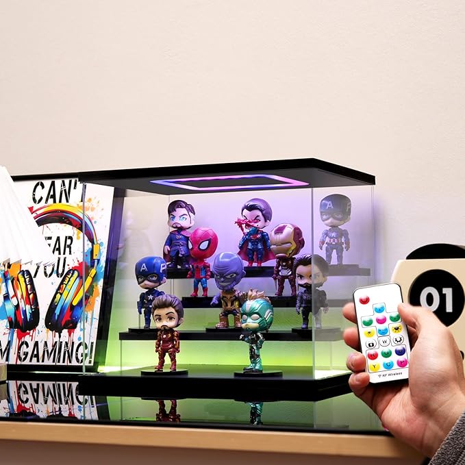 Clear Acrylic Display Case with Light , 6 Tier Multiple Color Lights Display Box Stand Assembly Dustproof Protection Showcase for Collectibles Action Figures (Black 6 Tier S 15.8*12.6*16.5in)
