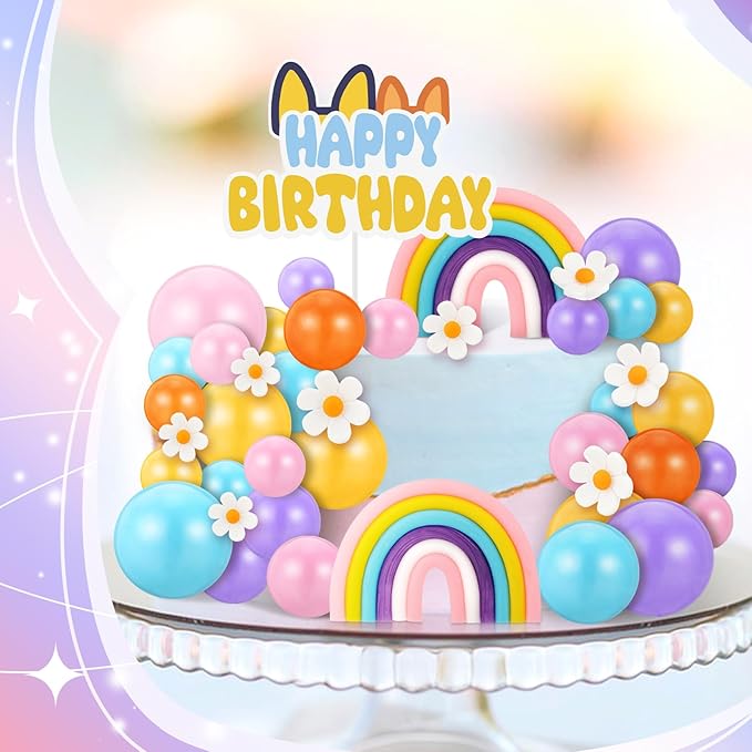 63 Pcs Cake Toppers with Balls Daisy Rainbow Cake Topper, Blue Cake Topper Pastel Cupcake Toppers Cake Decorations for Birthday Wedding Groovy Party Supplies