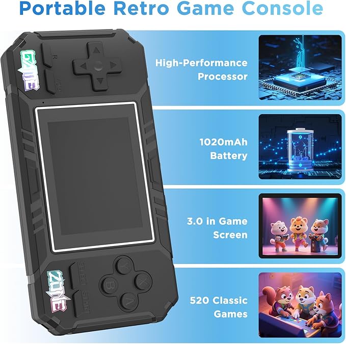 Handheld Portable Game Console, 520 Retro Video Games, 3.0 Inch LCD Screen and 1020mAh Battery Video Games, Portable Game Console Gift for Boys and Girls (Black)
