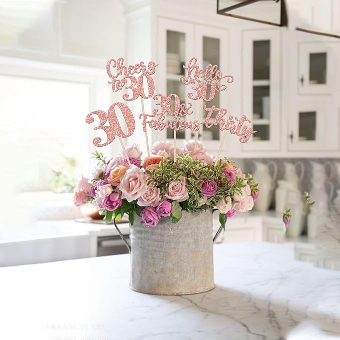 15PCS Happy 30th Birthday Centerpiece Sticks Thirty Hello 30 Cheers to 30 Table Flower Centerpieces Sticks 30 Fabulous Floral Decorations for Happy 30th Birthday Party Centerpieces Supplies Rose Gold