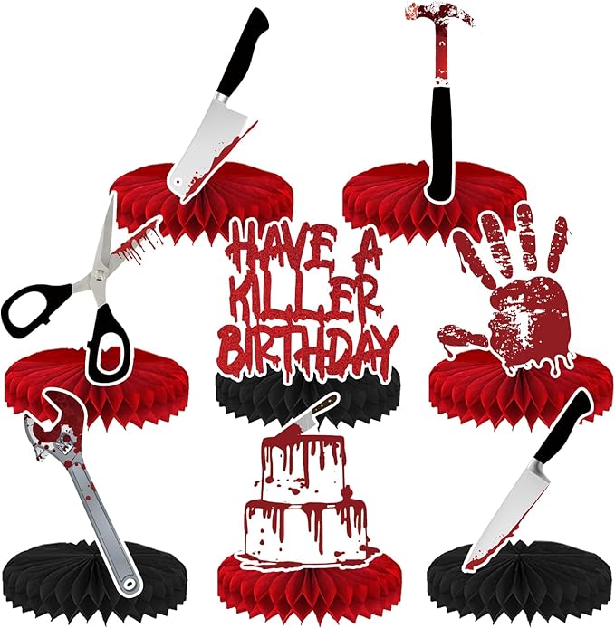 8 Pcs Have a Killer Birthday Party Decoration, Halloween Horror Theme Honeycomb Centerpieces 3D Double Sided Table Decorations for Bloody Horror Movie Birthday Party Supplies Decor