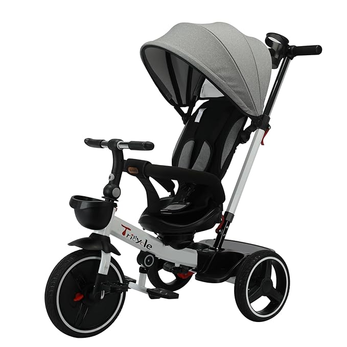 UBRAVOO Baby Tricycle,6-in-1 Baby Push Bike Steer Stroller,Learning Toddler Bike/Detachable Guardrail,Adjustable Canopy,Safety Harness,Folding Pedal,Storage Basket,Brake,Shock Absorption
