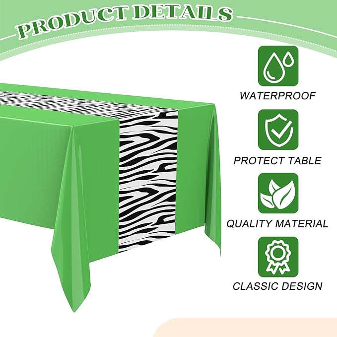 Buryeah 3 Pcs Zebra Tablecloth Zebra Print Plastic Table Cloth Disposable Tablecloth Animal Safari Table Cover 54 x 108'' for Baby Shower Wedding Birthday Party Decorations Supplies (Green)