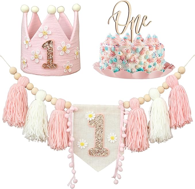 Daisy 1st Highchair Wood Bead Tassel Garland Crown Hat Wooden Cake Topper Birthday Baby Shower Decorations