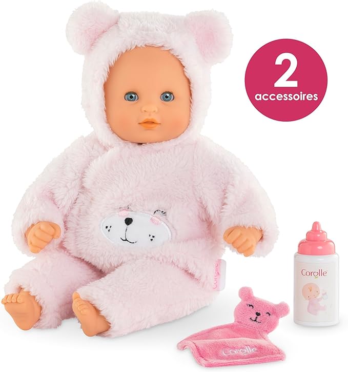 Corolle My First Baby Doll Cuddly Teddy Bear - 12" Soft Boy Baby Doll with Vanilla Scent, Pink Bear Outfit & Sleeping Eyes for Girls, Cute Reborn Realistic Baby Dolls for 2 Year Old Girls