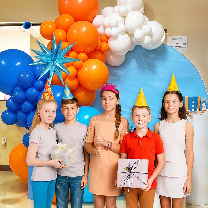 Blue and Orange Balloon Arch Kit, 120 Pcs Light Blue White Orange Balloons Garland Kit with 4D Star Chrome Latex Balloons for Graduation Class of 2025 Thanksgiving Party Decorations